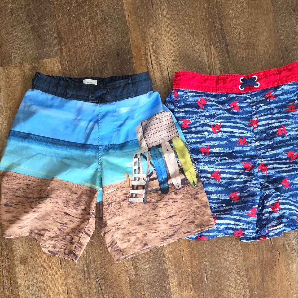 Boys Mick Mack and Wonder Nation Blue Beach Print Swim Shorts Size 6/7 Lot Of 2